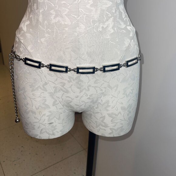 Vintage Womens Belt One Size Silver Enamel Rectangular Chain - Picture 10 of 13